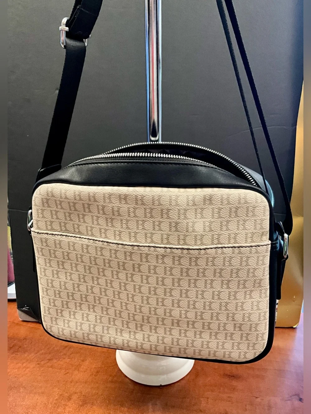Beige & Black Canvas Messenger Bag with Front Zip Pocket